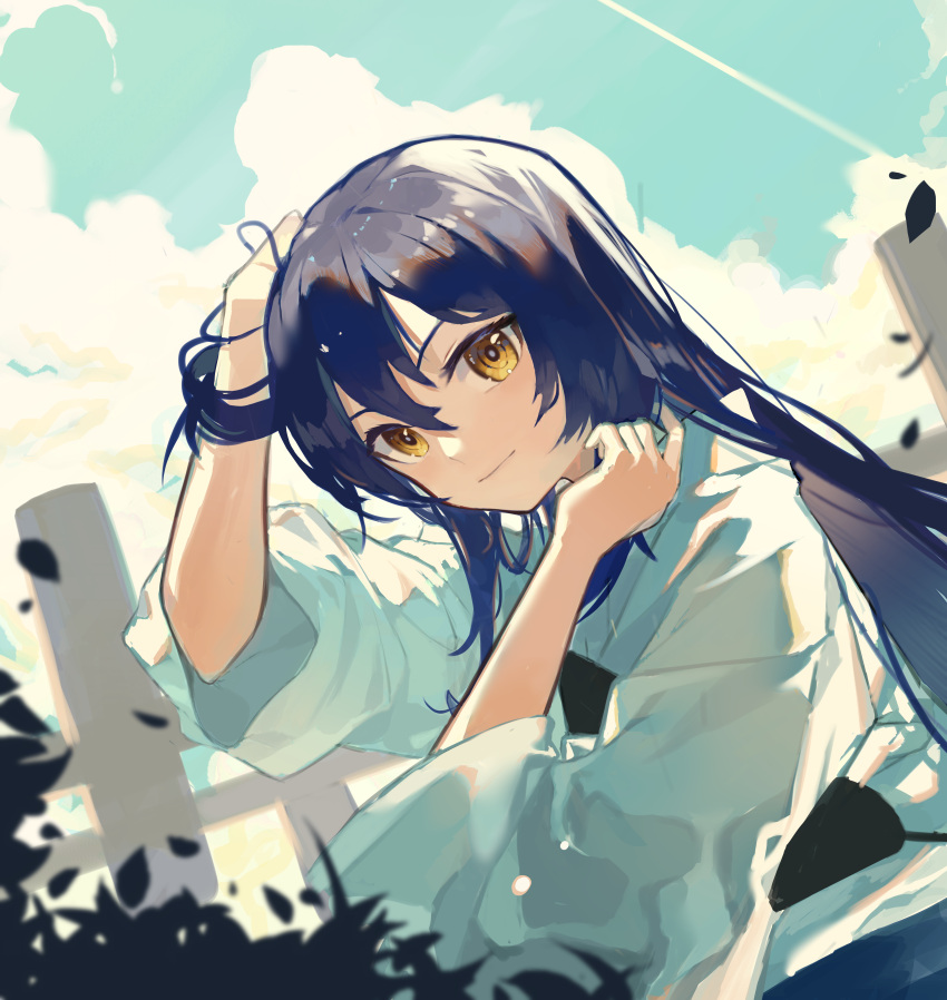 1girl absurdres archery bangs blue_hair clouds hair_between_eyes hakama hand_in_hair highres japanese_clothes kyuudou long_hair long_sleeves looking_at_viewer love_live! love_live!_school_idol_project muneate outdoors sky smile solo sonoda_umi swept_bangs wind yellow_eyes