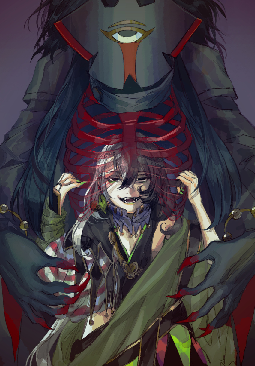 1boy akimitsu-dono ashiya_douman_(fate) asymmetrical_clothes asymmetrical_hair bell black_eyes black_hair curly_hair earrings eyeshadow fangs fate/grand_order fate_(series) fingernails green_eyeshadow green_kimono green_lips green_nails hair_bell hair_between_eyes hair_intakes hair_ornament highres japanese_clothes jewelry kimono long_hair magatama magatama_earrings makeup male_focus monster multicolored_hair noka_(noka8103) open_clothes open_kimono ribbed_sleeves ribs sharp_fingernails shikigami smile two-tone_hair very_long_fingernails very_long_hair white_hair younger