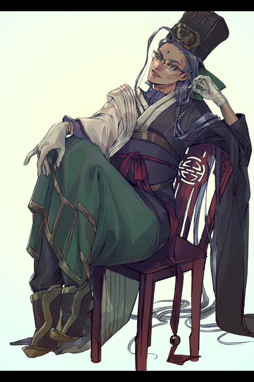 1boy absurdres ahoge chair chen_gong_(fate) chinese_clothes chinese_hat crossed_legs dark-skinned_male dark_skin facial_mark fate/grand_order fate_(series) forehead_mark full_body glasses gloves grey-framed_eyewear hat head_tilt highres long_hair male_focus noka_(noka8103) purple_hair simple_background sitting solo violet_eyes white_background white_gloves