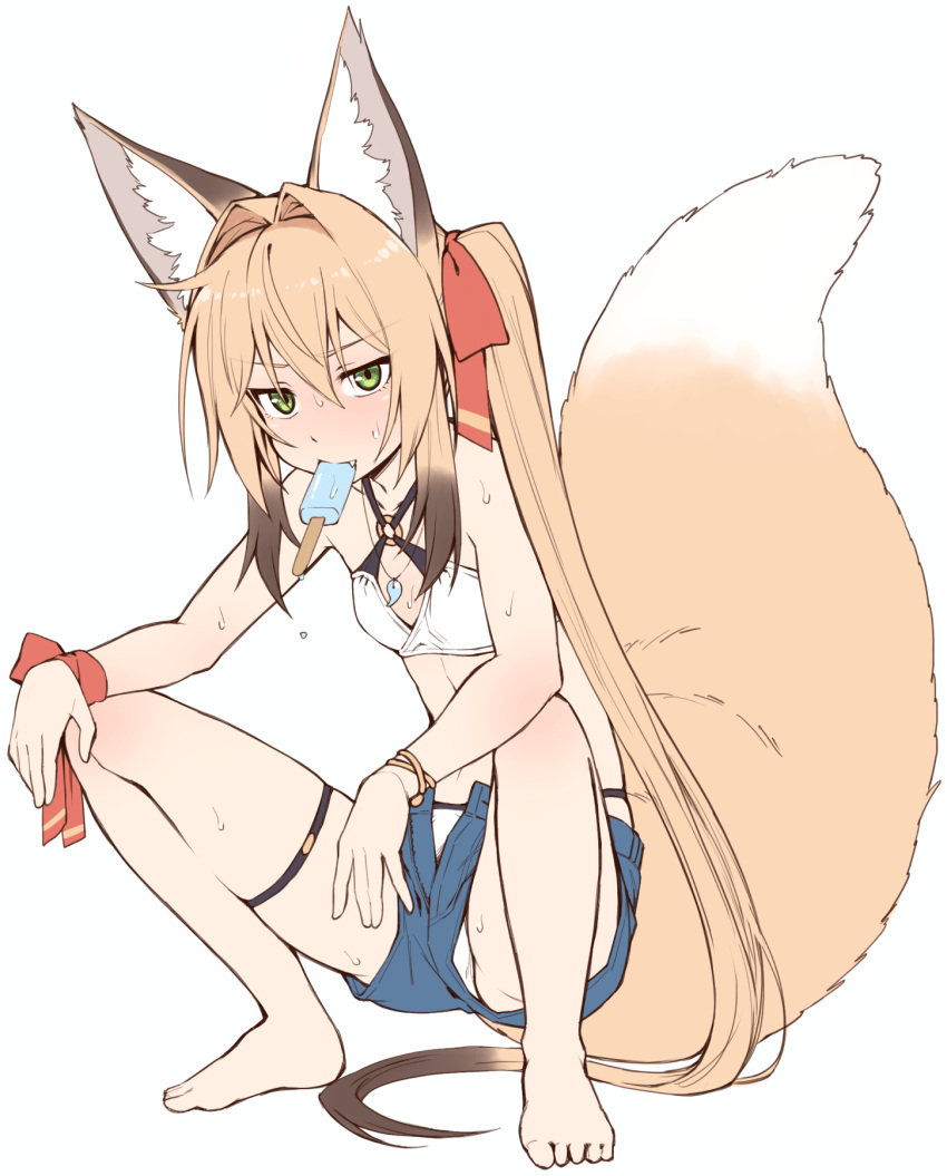 1girl animal_ears bangs barefoot bikini bikini_under_clothes blonde_hair blue_shorts bracelet breasts commentary criss-cross_halter fang food food_in_mouth fox_ears fox_girl fox_tail full_body green_eyes hair_intakes hair_ribbon halterneck highres jewelry long_hair looking_at_viewer magatama magatama_necklace open_fly original popsicle red_ribbon ribbon short_shorts shorts side_ponytail simple_background small_breasts solo squatting sweat swimsuit tail tamakagura_inari thigh_strap upshorts white_background white_bikini wrist_ribbon yagi_(ningen)