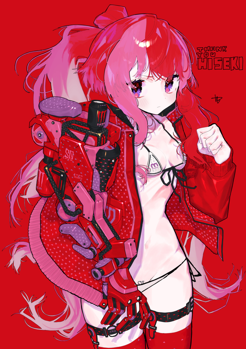 1girl absurdres bangs bikini breasts breasts_apart clenched_hand coat highres long_hair mechanical_arms multicolored_hair muzinneki original pink_hair print_bikini red_background red_coat red_legwear red_theme redhead simple_background single_mechanical_arm small_breasts solo swimsuit thigh-highs two-tone_hair very_long_hair violet_eyes white_bikini