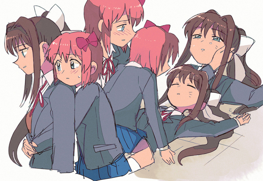 2girls blazer blue_eyes blue_skirt blush bow brown_hair brown_jacket crying crying_with_eyes_open doki_doki_literature_club fainting girl_on_top green_eyes hug hug_from_behind jacket long_hair looking_at_another monika_(doki_doki_literature_club) multiple_girls ponytail red_bow red_ribbon ribbon sayori_(doki_doki_literature_club) school_uniform short_hair sitting sitting_on_lap sitting_on_person skirt socks tears tsubobot waking_up white_legwear white_ribbon yuri