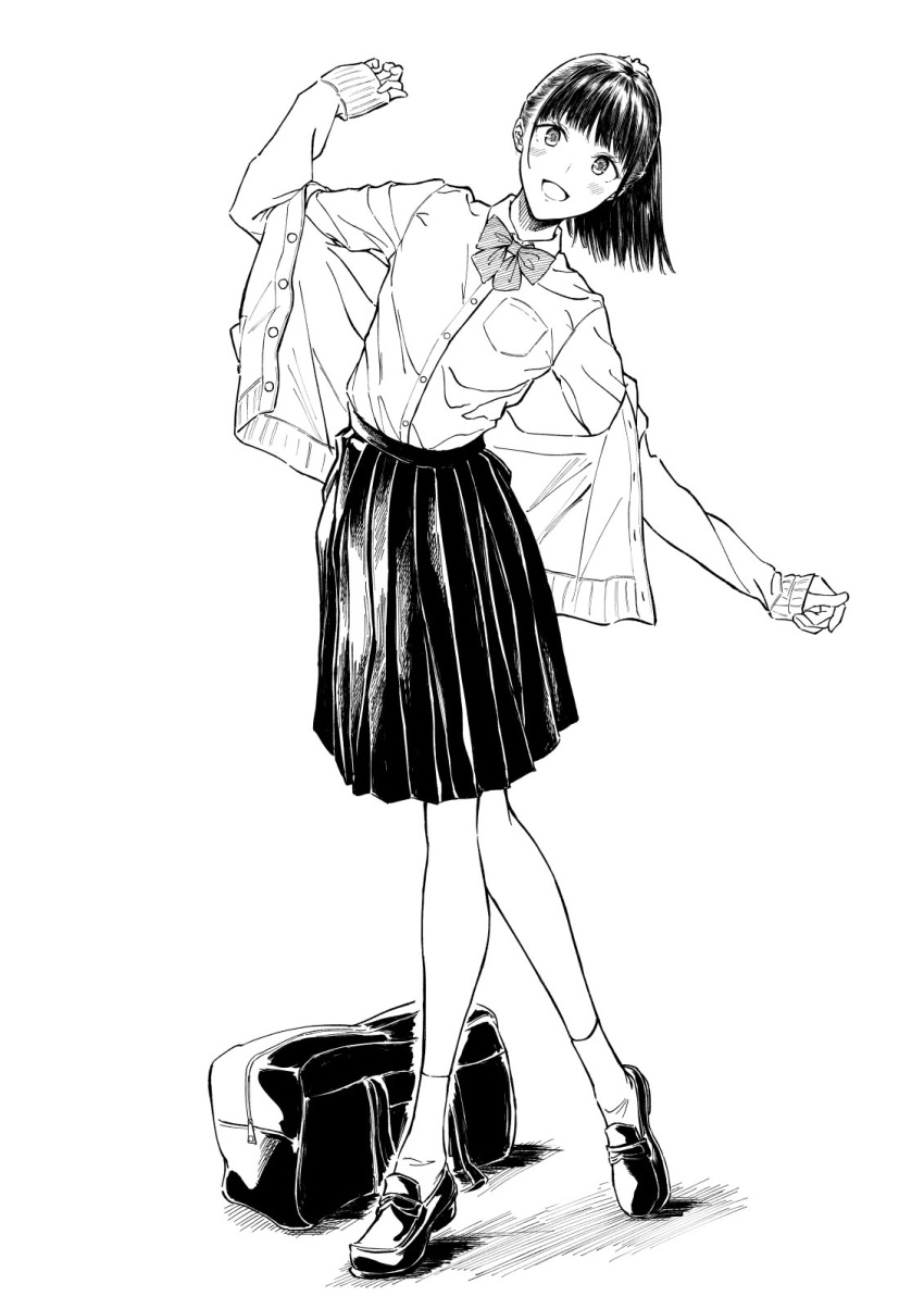 1girl :d bag bangs blush bow cardigan collared_shirt commentary_request dress_shirt full_body greyscale highres hiwatari_rin loafers long_sleeves looking_at_viewer monochrome off_shoulder open_cardigan open_clothes open_mouth original pleated_skirt school_bag school_uniform shirt shoes skirt sleeves_past_wrists smile socks solo standing standing_on_one_leg white_background