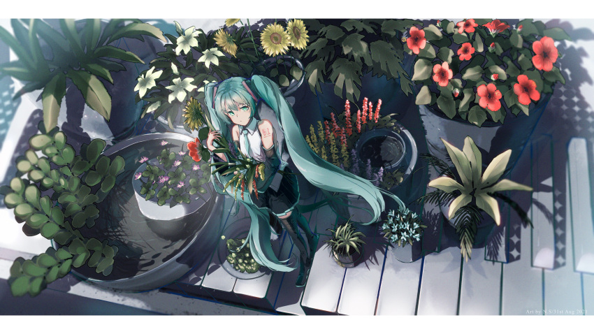 1girl absurdres aqua_eyes aqua_hair bangs bare_shoulders black_footwear black_legwear black_skirt blue_flower blue_neckwear boots bouquet closed_mouth collared_shirt commentary detached_sleeves flower from_above hand_up hatsune_miku highres holding holding_bouquet instrument long_hair looking_at_viewer looking_up minigirl necktie piano piano_keys pink_flower plant pleated_skirt potted_plant red_flower shirt skirt sleeveless solo standing sunflower thigh-highs thigh_boots twintails very_long_hair vocaloid water white_shirt wide_shot x_x_fry yellow_flower