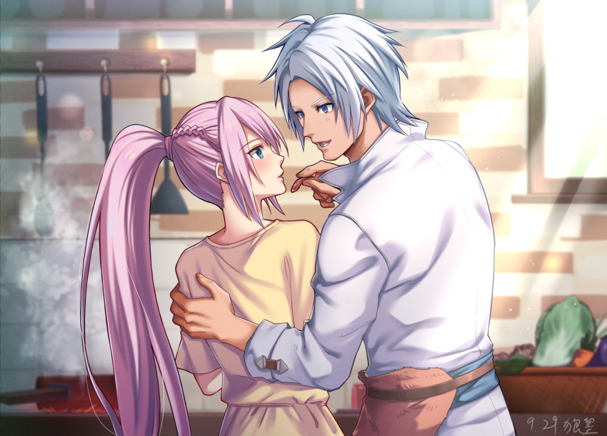 1boy 1girl alphen_(tales) bangs belt blue_eyes blurry blush braid carrot cooking couple dated depth_of_field eyebrows_visible_through_hair food hand_on_another's_back highres holding holding_food kitchen ladle lettuce long_hair looking_at_another pink_hair ponytail popped_collar saucepan shionne_(tales) silver_hair sleeve_cuffs spatula steam stove sunlight tales_of_(series) tales_of_arise toraji_(tigertime) very_long_hair window