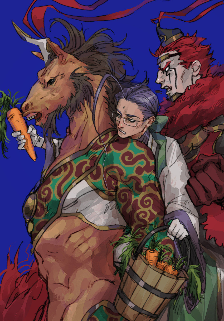 3boys ahoge beard carrot chen_gong_(fate) chinese_clothes dark-skinned_male dark_skin facial_hair facial_mark fate/grand_order fate_(series) feeding forehead_mark glasses grey-framed_eyewear hat highres horse_boy horseback_riding long_hair lu_bu_(fate) male_focus mature_male multiple_boys muscular muscular_male no_headwear noka_(noka8103) pectorals purple_hair red_hare_(fate) redhead riding upper_body violet_eyes