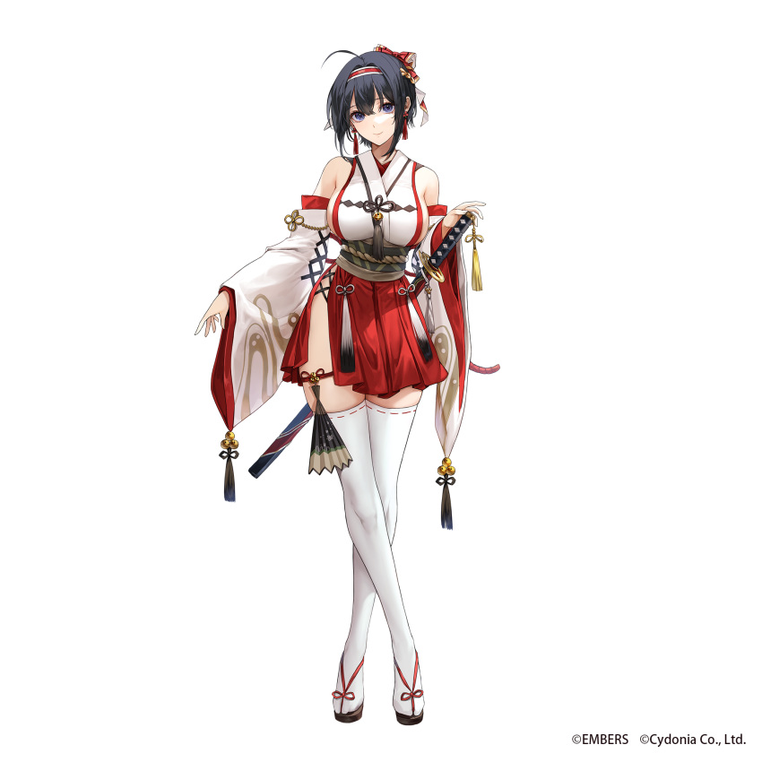 1girl ash_arms bare_shoulders black_hair blue_eyes breasts character_request closed_mouth commentary_request crossed_legs detached_sleeves earrings full_body geta highres japanese_clothes jewelry kim_eb large_breasts long_sleeves looking_at_viewer miko official_art red_skirt sheath sheathed short_hair side_slit sideboob skirt smile solo standing sword tassel tassel_earrings thigh-highs thigh_strap watson_cross weapon white_legwear wide_sleeves