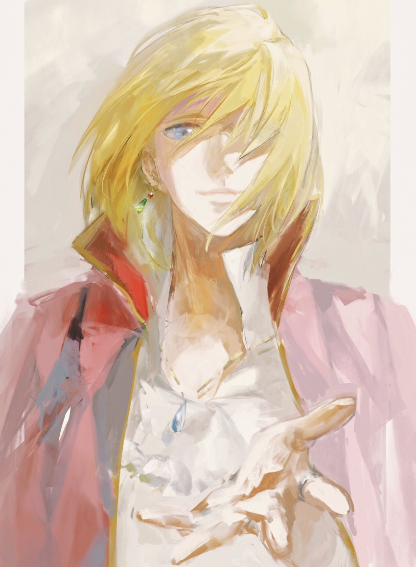 1boy blonde_hair blue_eyes closed_mouth coat earrings hair_over_one_eye hataya high_collar highres howl_(howl_no_ugoku_shiro) howl_no_ugoku_shiro jewelry looking_at_viewer male_focus medium_hair necklace one_eye_covered outstretched_hand popped_collar reaching_out red_coat ring shirt smile solo upper_body white_shirt