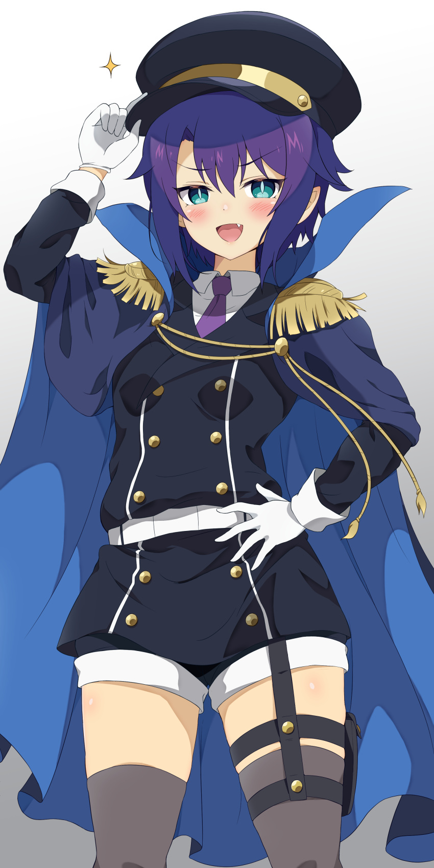 1girl absurdres aqua_eyes black_headwear blue_cape blush cape commentary_request eggman_(pixiv28975023) epaulettes fang gloves gradient gradient_background grey_background grey_legwear hand_on_hip hat highres jahy-sama_wa_kujikenai! long_sleeves looking_at_viewer military military_uniform open_mouth purple_hair salwa short_hair smile solo standing thigh-highs thighs uniform white_gloves