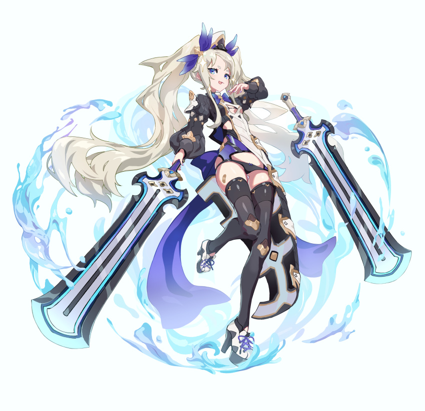 1girl absurdres bandaid bandaid_on_leg black_legwear black_panties blue_eyes breasts cancell fantasy hair_ornament hat high_heels highres holding holding_sword holding_weapon long_hair looking_at_viewer original panties platinum_blonde_hair small_breasts solo sword thigh-highs twintails underwear very_long_hair weapon white_background
