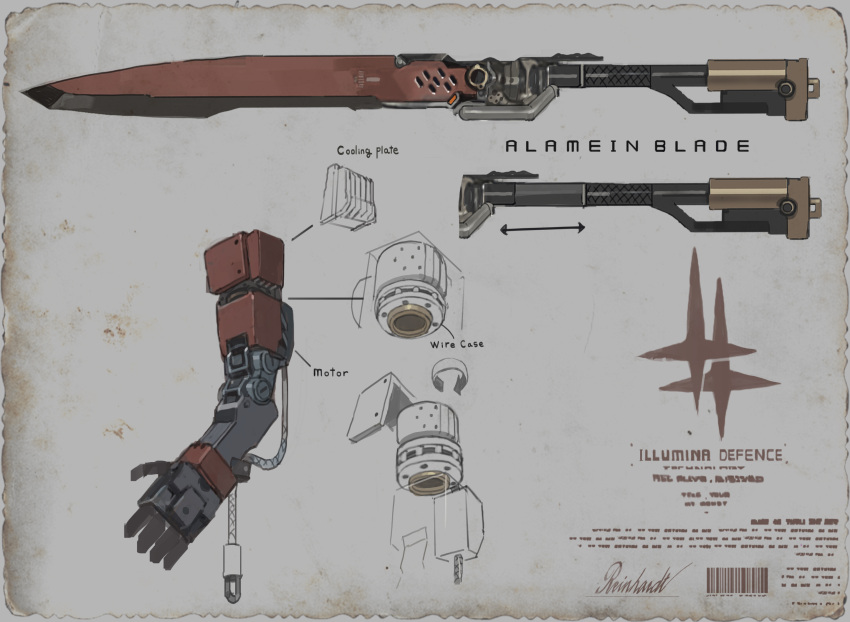 alchemy_stars barcode commentary_request concept_art english_text highres korean_commentary mechanical_arms no_humans official_art revy_(alchemy_stars) signature single_mechanical_arm sword weapon whitebear
