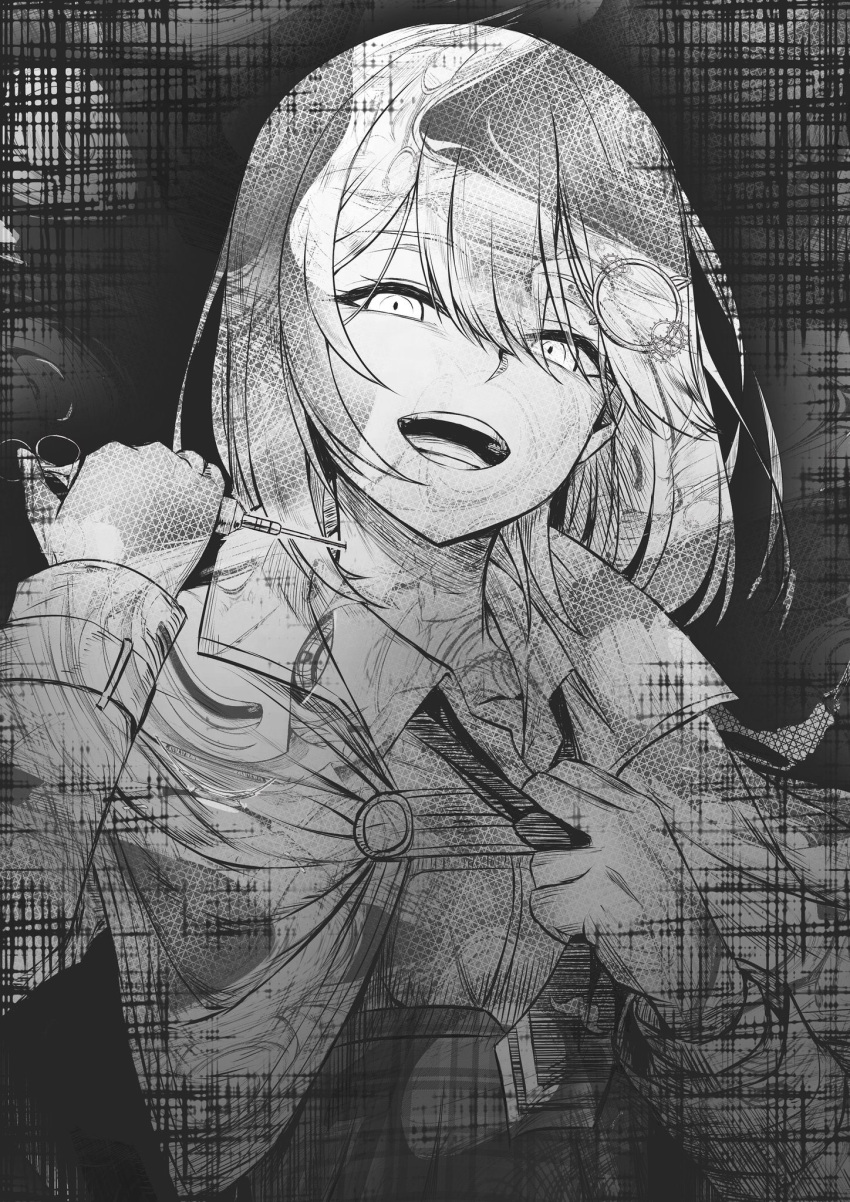 1girl clothes_pull greyscale hair_ornament high-waist_skirt highres hololive hololive_english jacket monochrome monocle_hair_ornament open_mouth plaid plaid_skirt shirt_pull skirt smile solo syringe upper_body virtual_youtuber watson_amelia weizen