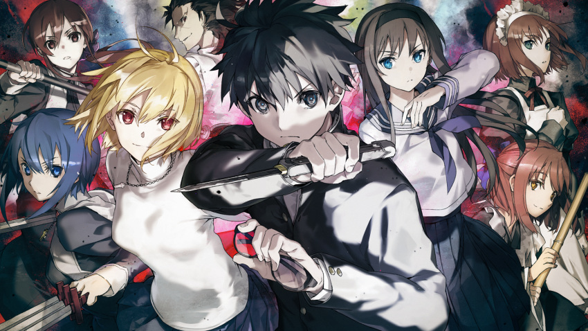 2boys 6+girls antenna_hair arcueid_brunestud bangs black_eyes black_hair black_jacket black_keys_(type-moon) blonde_hair blouse blue_hair blue_neckwear blue_skirt breasts brown_eyes brown_hair bunbun ciel_(tsukihime) closed_mouth cowboy_shot cross cross_necklace eyewear_removed from_side glasses hair_between_eyes highres holding holding_eyewear holding_knife holding_polearm holding_sword holding_weapon jacket jewelry knife long_hair long_sleeves looking_at_viewer looking_back maid maid_headdress medium_breasts melty_blood melty_blood:_type_lumina michael_roa_valdamjong mole mole_under_mouth multiple_boys multiple_girls neckerchief necklace noel_(tsukihime) nun official_art orange_eyes parted_lips polearm red_eyes redhead reverse_grip sailor_collar school_uniform serafuku short_hair sidelocks skirt smile sweater sword tohno_akiha tohno_shiki tsukihime tsukihime_(remake) turtleneck turtleneck_sweater upper_body wa_maid weapon white_blouse white_sweater