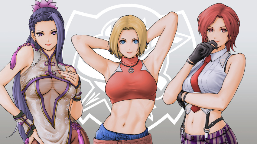 abs armpits bare_shoulders belt blonde_hair blue_eyes blue_mary breasts crop_top fatal_fury fingerless_gloves gloves halterneck highres large_breasts lips lipstick looking_at_viewer makeup mature_female midriff muscular navel necktie pants red_eyes redhead short_hair simple_background sleeveless smile straight_hair suspenders the_king_of_fighters the_king_of_fighters_xv vanessa_(kof) x_chitch