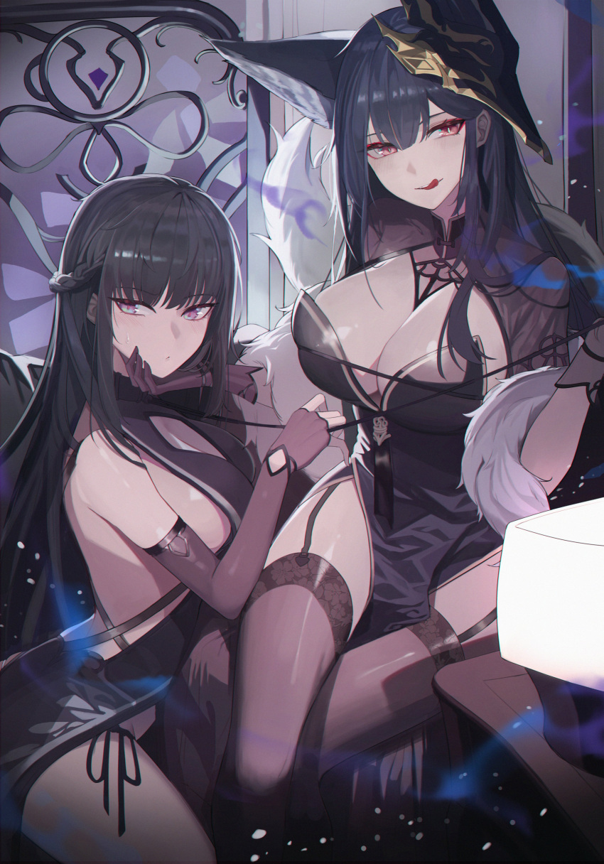 2girls absurdres animal_ears bangs bare_shoulders black_dress black_gloves black_legwear braid breasts closed_mouth detached_sleeves dress eyebrows_visible_through_hair fingerless_gloves fox_ears gloves hair_between_eyes hands_up highres large_breasts licking_lips long_hair looking_at_viewer mask mask_on_head multiple_girls original orn short_sleeves side_slit sideboob sidelocks thigh-highs thigh_strap thighs tongue tongue_out