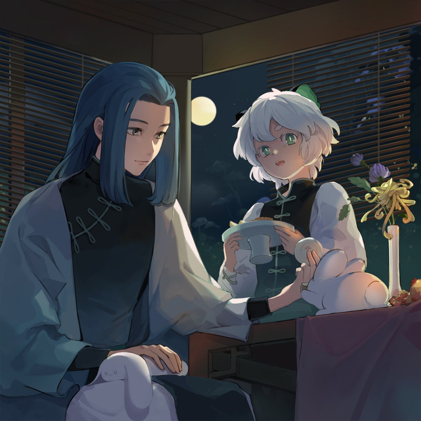 2boys animal_ears black_hair blue_flower cat_boy cat_ears chairlog flower green_eyes highres holding indoors leaf long_hair long_sleeves luoxiaohei multiple_boys open_mouth rabbit short_hair the_legend_of_luo_xiaohei vase white_hair window wuxian_(the_legend_of_luoxiaohei)