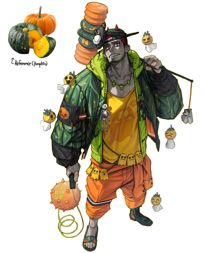 1boy absurdres colored_skin drawstring ear_piercing earrings full_body green_jacket grey_skin highres holding holding_mallet hood hood_down jacket jewelry long_sleeves mallet necklace orange_pants original pants personification piercing print_shirt pumpkin redhead rinotuna sandals scar shirt simple_background solo standing white_background yellow_shirt