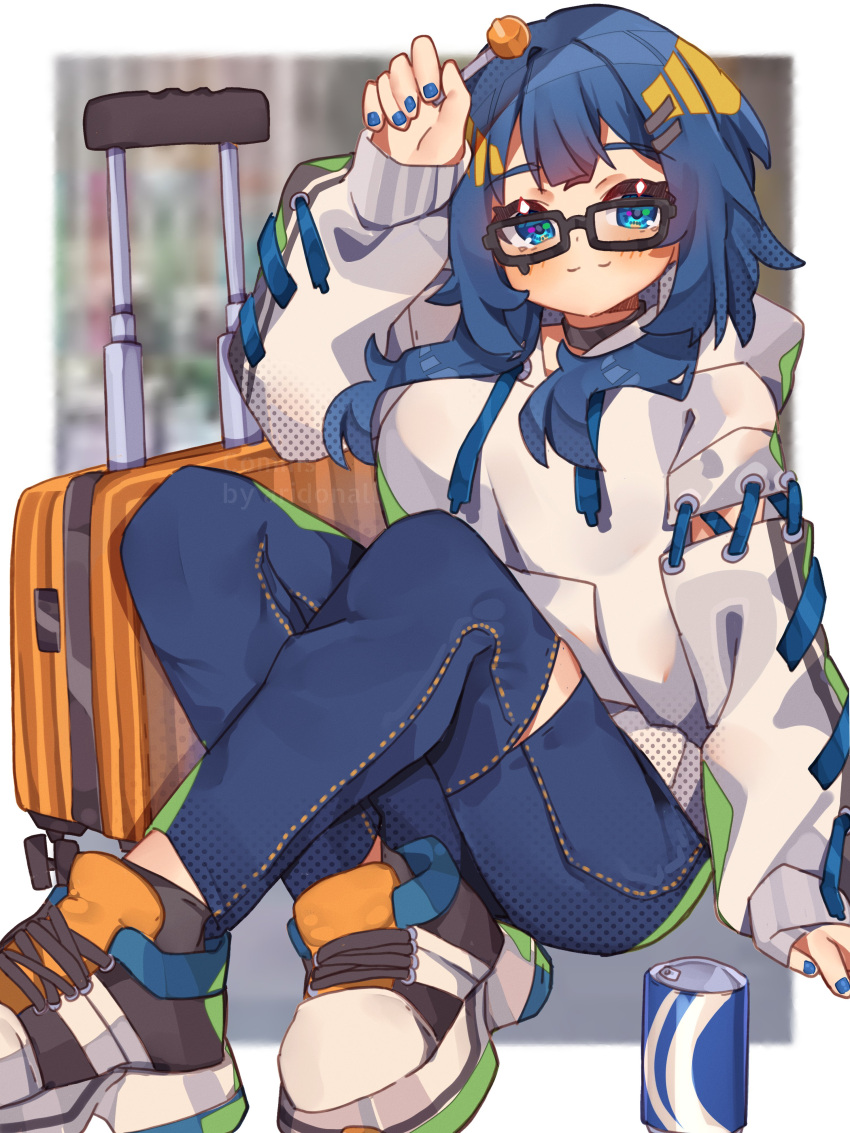 1girl :3 absurdres aridonall blue_hair blue_nails blue_pants blush breasts briefcase candy commission drawstring english_commentary food glasses grey_hoodie highres holding holding_candy holding_food holding_lollipop hood hoodie lollipop medium_breasts medium_hair original pants shoes smile sneakers solo