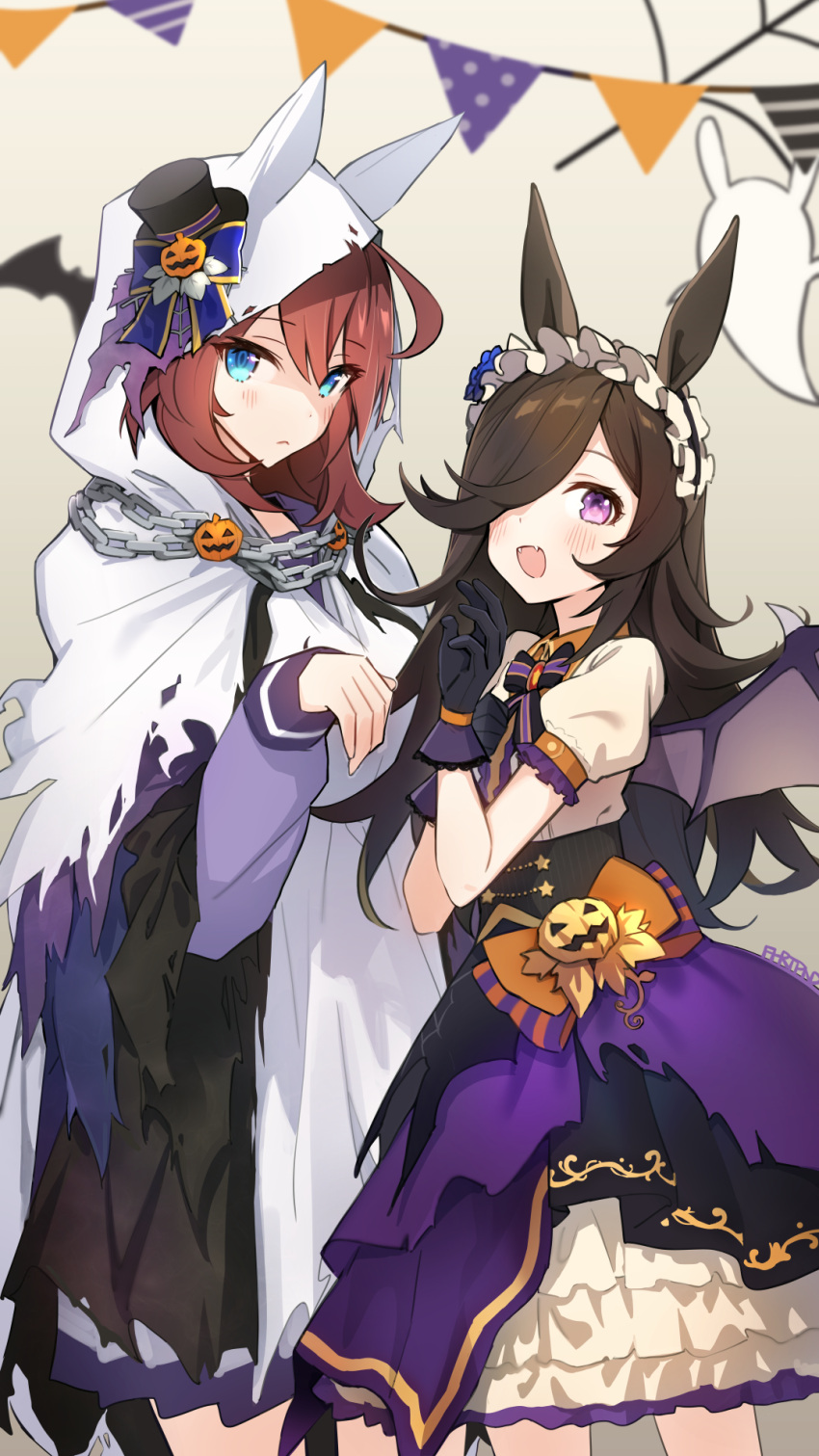 2girls animal_ears bat_wings black_gloves black_headwear blue_eyes blush brown_hair chain closed_mouth eyebrows_visible_through_hair fpanda ghost_costume gloves hair_between_eyes hair_over_one_eye halloween halloween_costume hat highres horse_ears horse_girl long_hair long_sleeves mihono_bourbon_(umamusume) mini_hat mini_top_hat multiple_girls open_mouth pleated_skirt puffy_short_sleeves puffy_sleeves purple_skirt rice_shower_(umamusume) school_uniform short_sleeves signature skirt smile symbol-only_commentary top_hat tracen_school_uniform umamusume violet_eyes wings