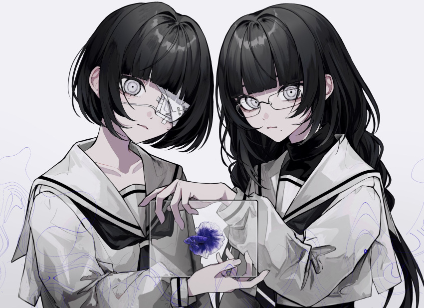 2girls 402_(o0_xxx) bandage_over_one_eye bandages bangs black_hair black_undershirt blunt_bangs bob_cut closed_mouth commentary constricted_pupils dress_shirt expressionless eyepatch fish glass glasses goldfish hair_strand highres holding long_hair long_sleeves looking_at_viewer messy_hair mole mole_under_mouth multiple_girls original sailor_collar school_uniform serafuku shirt short_hair squiggle staring symbol-only_commentary turtleneck upper_body wavy_hair white_background white_eyes white_sailor_collar white_serafuku white_shirt