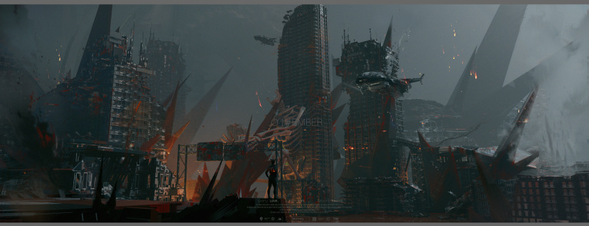 1other absurdres aircraft ambiguous_gender building city cityscape debris glowing highres letterboxed monster original ruins scenery skeleton smoke solo spikes standing wide_shot window yinpeng