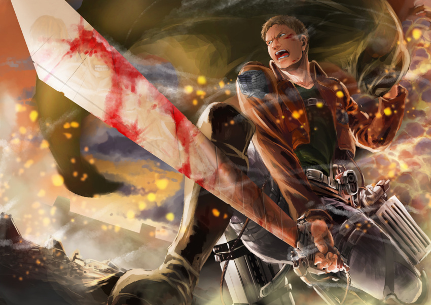 1boy abs_(ebisuzc94rghw) blonde_hair blood blood_on_face blood_on_weapon boots capelet embers foreshortening from_below green_capelet holding holding_sword holding_weapon knee_boots leather leather_boots male_focus pants reiner_braun shingeki_no_kyojin short_hair sideburns solo steam sunrise_stance sword three-dimensional_maneuver_gear weapon white_pants