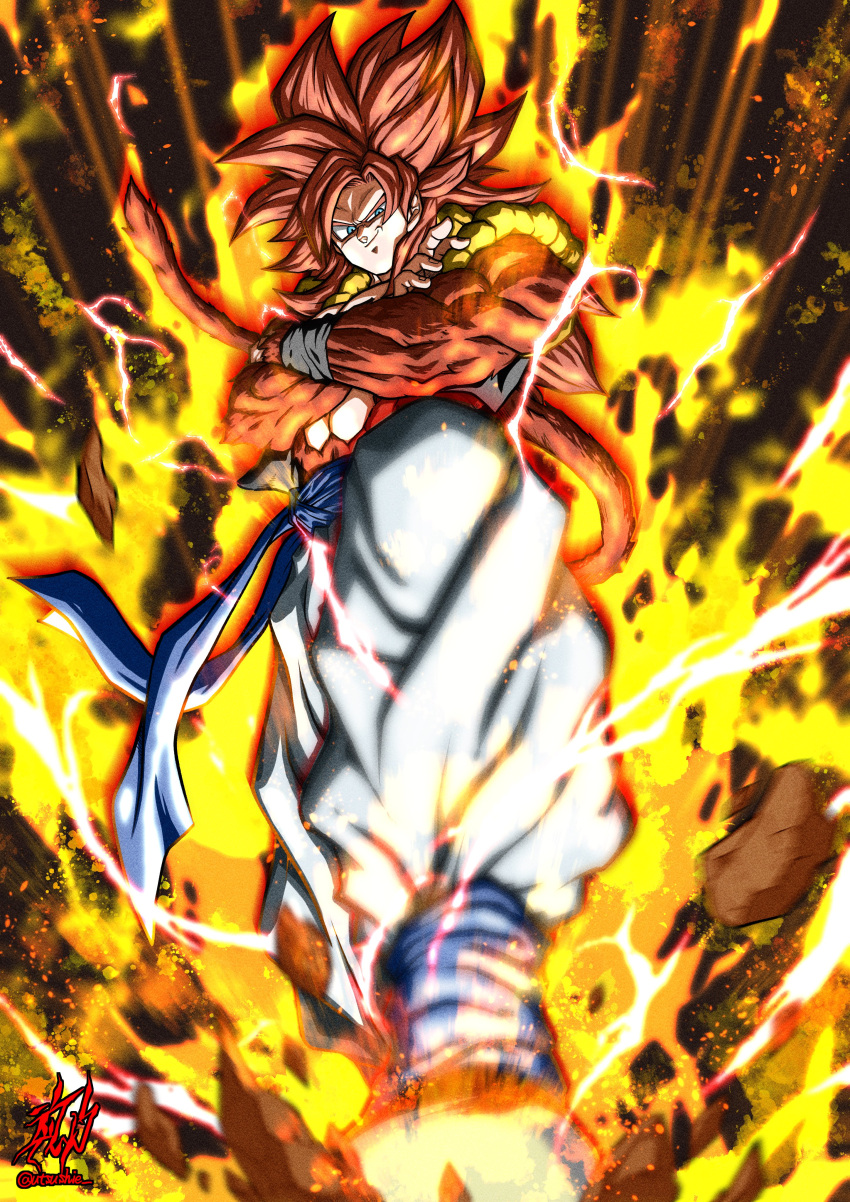 1boy absurdres aura body_fur dragon_ball dragon_ball_(classic) dragon_ball_gt electricity energy fusion glowing glowing_eyes gogeta highres liedein looking_at_viewer male_focus metamoran_vest monkey_boy monkey_tail pants red_fur redhead saiyan spiky_hair super_saiyan super_saiyan_4 tail white_pants