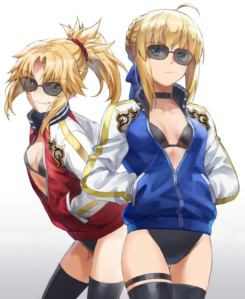 2girls ahoge artoria_pendragon_(fate) bangs bikini black_bikini blonde_hair blue_ribbon braid breasts choker fate/apocrypha fate/stay_night fate_(series) french_braid green_eyes grin hair_bun hair_ornament hair_ribbon hair_scrunchie hands_in_pockets highres jacket letterman_jacket long_hair looking_at_viewer mordred_(fate) mordred_(fate/apocrypha) multiple_girls parted_bangs ponytail ribbon saber scrunchie sidelocks small_breasts smile sunglasses swimsuit thigh-highs thighs tonee white_background