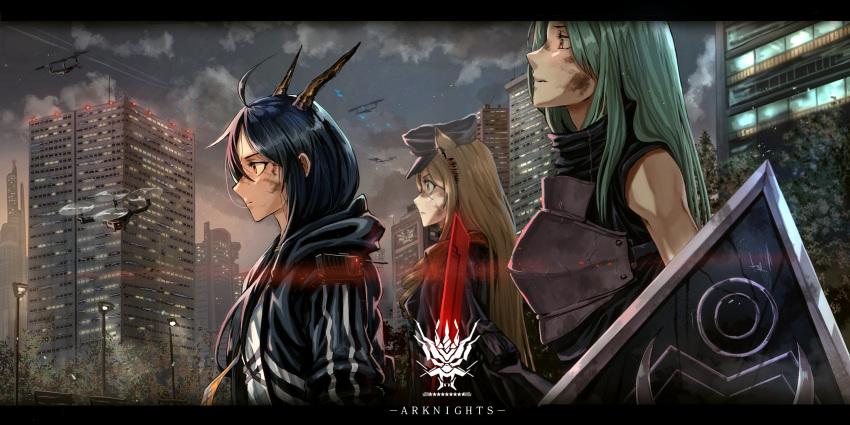 3girls animal_ears arknights armor black_headwear black_jacket black_shirt blonde_hair blue_hair breastplate ch'en_(arknights) city closed_mouth clouds cloudy_sky commentary condensation_trail copyright_name dirty dirty_face dragon_horns drill_hair drone dusk earpiece expressionless from_side glowing glowing_sword glowing_weapon great_lungmen_logo green_eyes green_hair hair_between_eyes hannya_(arknights) hat highres holding holding_shield hood hooded_jacket horns hoshiguma_(arknights) jacket letterboxed long_hair lownd military_hat multiple_girls necktie oni_horns open_clothes open_jacket orange_eyes orange_neckwear outdoors peaked_cap profile red_eyes shield shirt single_horn sky sleeveless sleeveless_shirt striped striped_jacket swire_(arknights) sword tiger_ears turtleneck upper_body walkie-talkie weapon white_shirt