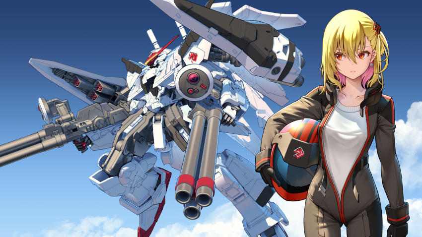 ashizawa_saki black_bodysuit blonde_hair bodysuit clouds collarbone colored_inner_hair dual_wielding flying gun headwear_removed helmet helmet_removed highres holding holding_gun holding_helmet holding_weapon looking_to_the_side mecha missile_pod multicolored_hair official_art pilot_suit pinakes pink_hair riot_music science_fiction shield shirt side_ponytail sky virtual_youtuber visor weapon white_shirt