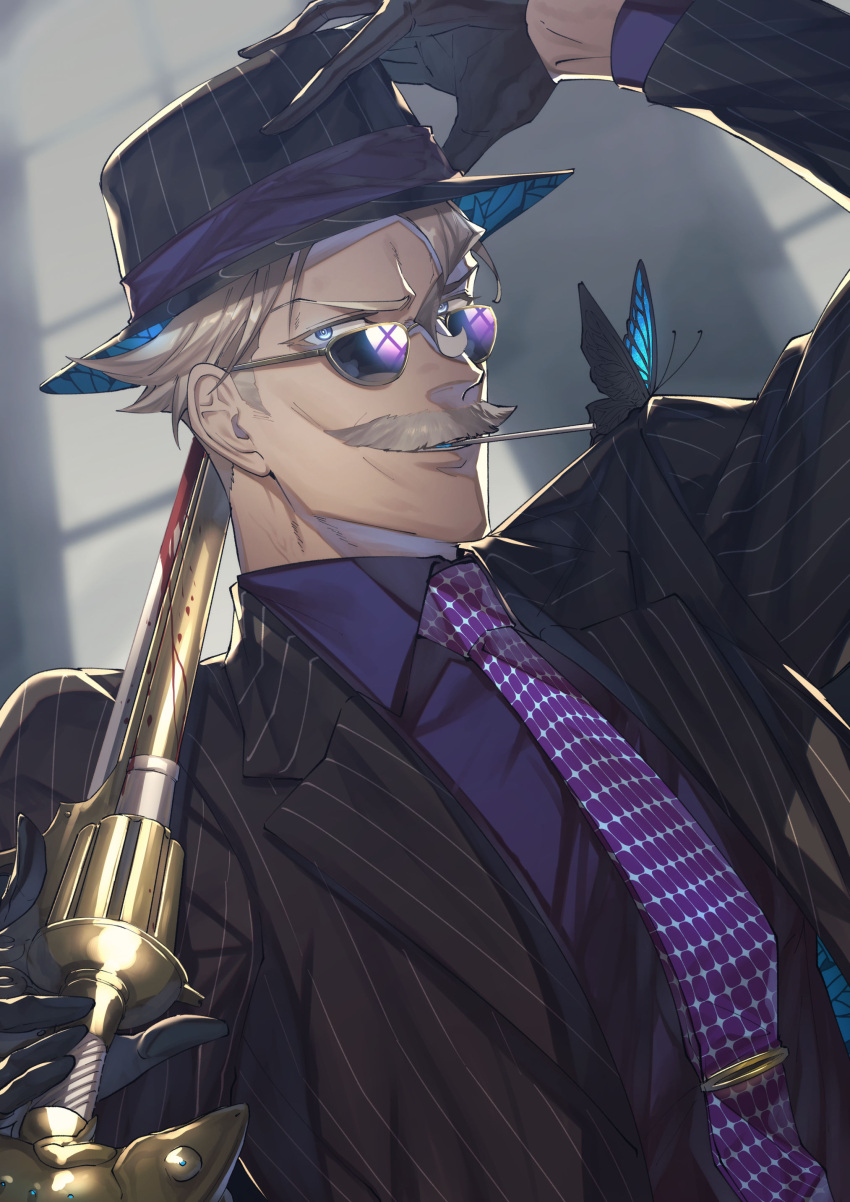 1boy absurdres adjusting_clothes adjusting_headwear alternate_costume black_gloves black_headwear black_suit blood blood_on_weapon blue_eyes bug butterfly candy cane commentary_request facial_hair fate/grand_order fate_(series) food formal gloves grey_hair hat highres holding holding_cane in_mouth james_moriarty_(fate) lollipop looking_at_viewer male_focus mustache necktie pinstripe_pattern pinstripe_suit porkpie_hat purple_neckwear purple_shirt shirt solo striped suit sunglasses suzuki_rui upper_body veins weapon window