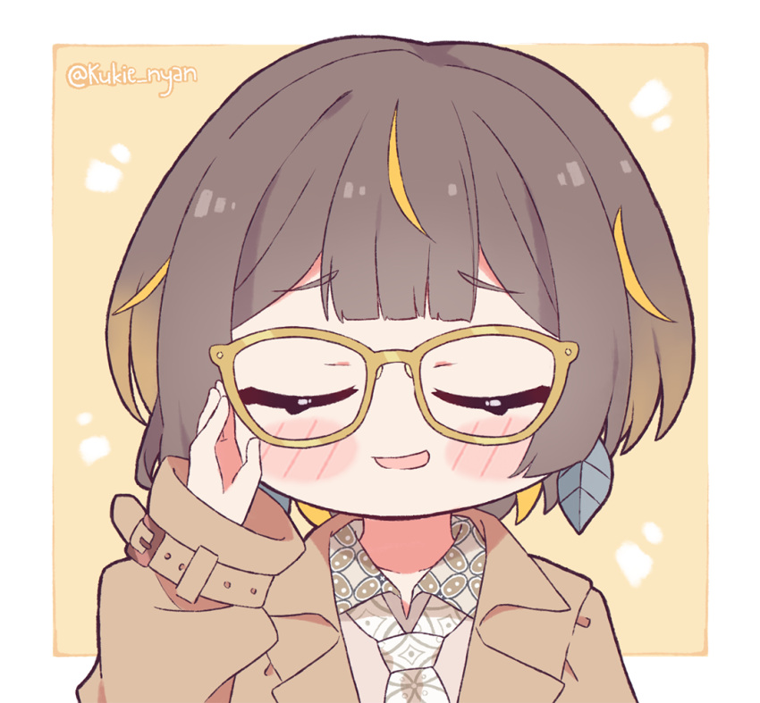 1girl adjusting_eyewear anya_melfissa blonde_hair blush_stickers brown_hair chibi closed_eyes coat commentary english_commentary glasses hololive hololive_indonesia kukie-nyan multicolored_hair necktie short_hair solo streaked_hair twitter_username upper_body virtual_youtuber yellow-framed_eyewear