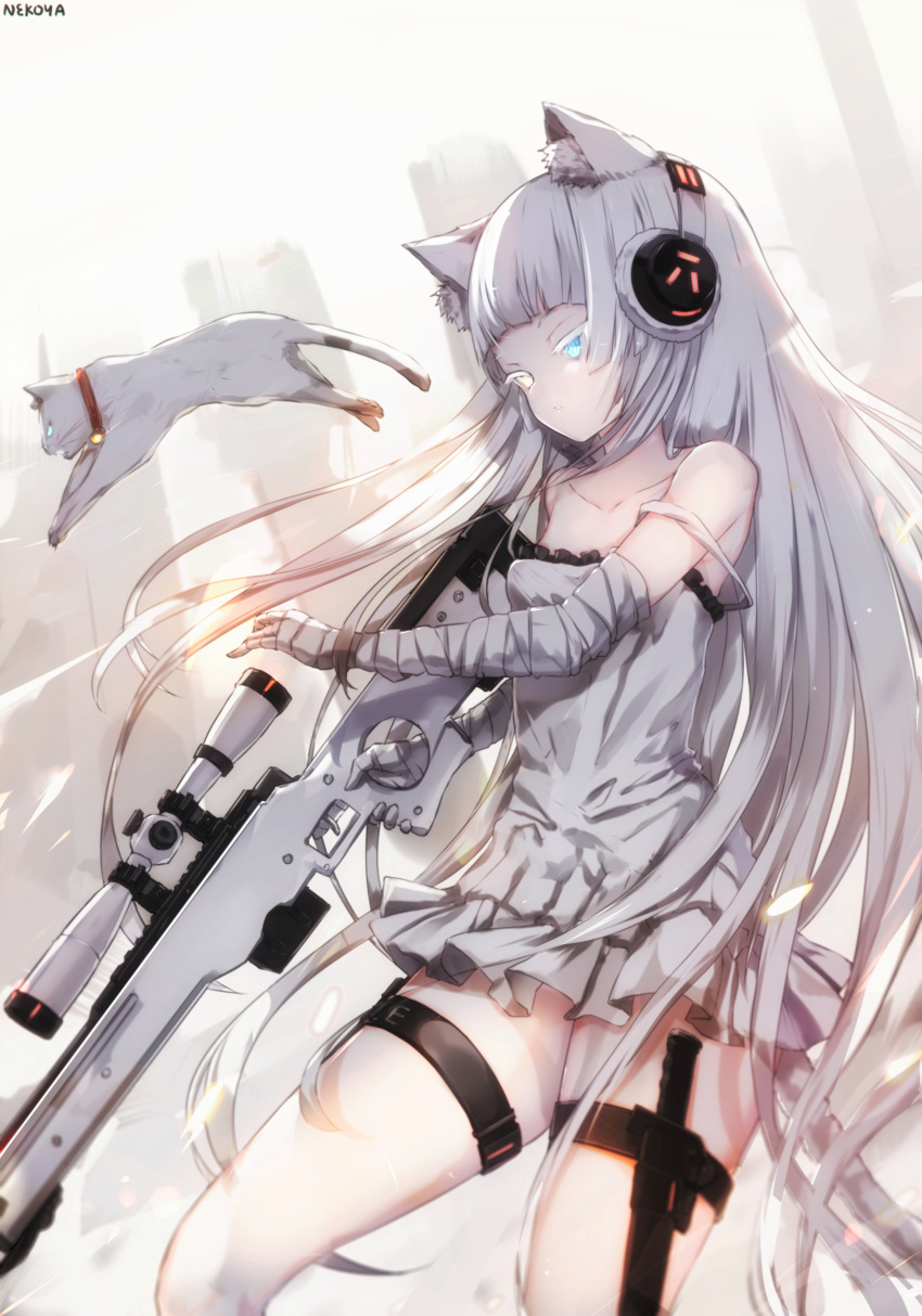 1girl absurdres ai_arctic_warfare animal animal_ear_fluff animal_ears artist_name awp_(girls'_frontline)_(nekoya_(liu)) bandaged_arm bandaged_hand bandages bare_shoulders blue_eyes bolt_action breasts building cat cat_ears closed_mouth collarbone colored_eyelashes commentary_request dress frilled_dress frills girls_frontline glowing glowing_eyes gun headphones heterochromia highres holding holding_gun holding_weapon knife long_hair looking_away nekoya_(liu) original revision rifle signature silver_hair sleeveless sleeveless_dress small_breasts sniper_rifle sniper_scope solo strap_slip trigger_discipline very_long_hair weapon white_cat white_dress yellow_eyes