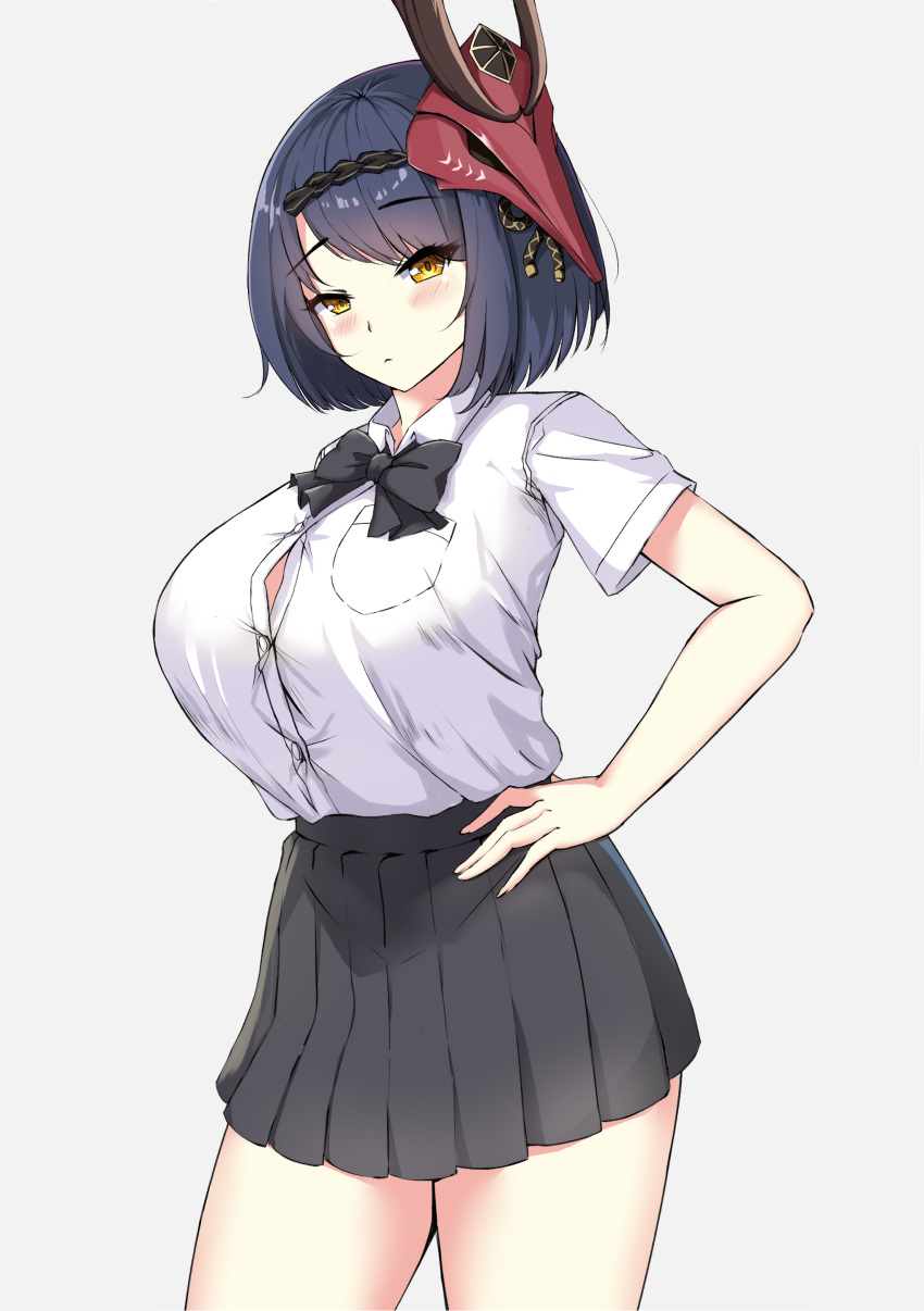 1girl absurdres alternate_costume bangs black_hair black_skirt blush bow bowtie breast_pocket breasts button_gap collared_shirt commentary_request contemporary eyebrows_visible_through_hair eyes_visible_through_hair genshin_impact hand_on_hip highres kujou_sara large_breasts leaning_forward line4x looking_at_viewer mask mask_on_head pleated_skirt pocket school_uniform shirt short_hair short_sleeves sidelocks simple_background skirt smile solo tengu_mask tented_shirt white_shirt yellow_eyes
