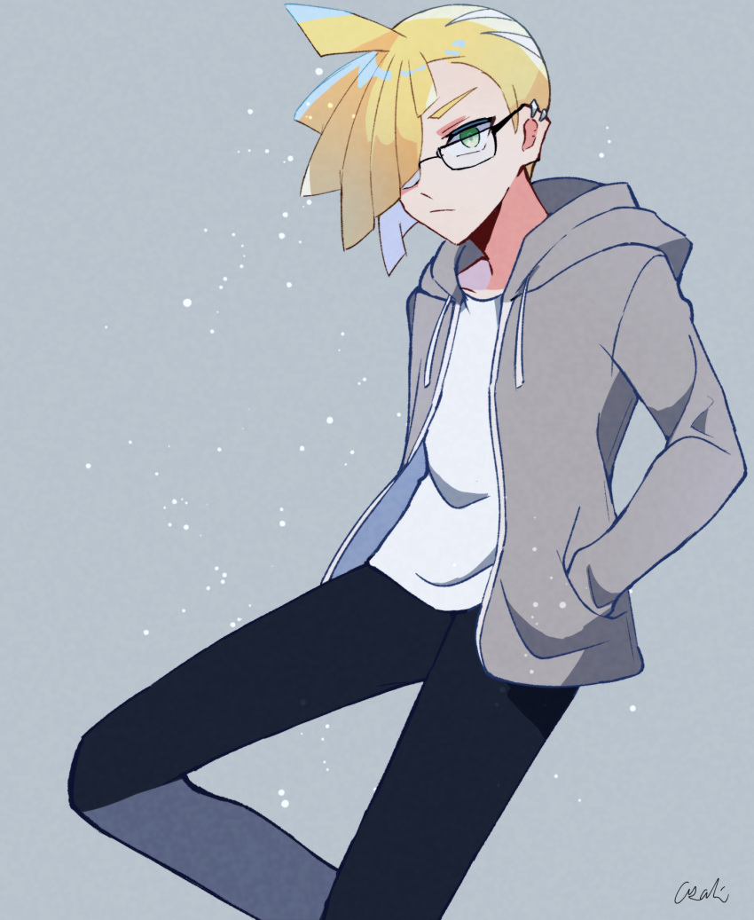 1boy ahoge alternate_costume bangs bespectacled black_pants blonde_hair closed_mouth ear_piercing gladion_(pokemon) glasses green_eyes grey_background grey_hoodie hair_over_one_eye hand_in_pocket highres hood hoodie male_focus open_clothes open_hoodie pants piercing pokemon pokemon_(game) pokemon_sm shirt short_hair signature solo tere_asahi white_shirt