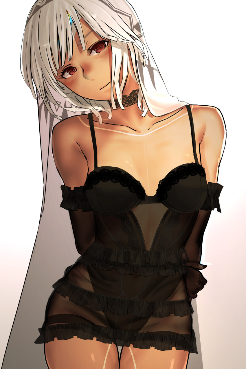 1girl altera_(fate) bare_shoulders black_dress breasts choker closed_mouth cowboy_shot dark-skinned_female dark_skin detached_sleeves dress fate/grand_order fate_(series) frills full-body_tattoo gradient gradient_background headdress highres i-pan red_eyes short_hair small_breasts solo strap tan tattoo veil white_hair