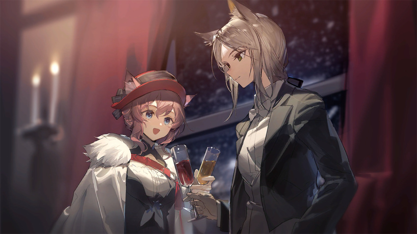 2girls :d animal_ear_fluff animal_ears arknights artist_request black_jacket blue_eyes blurry bow bowtie cat_ears cloak collared_shirt cup curtains depth_of_field dress_shirt drinking_glass formal fur-trimmed_cloak fur_trim game_cg green_eyes green_hair hair_between_eyes hand_in_pocket hat heidi_(arknights) holding holding_cup indoors jacket kal'tsit_(arknights) multiple_girls official_alternate_costume open_clothes open_jacket open_mouth pink_hair red_headwear shirt short_hair smile snow triangle_mouth upper_body white_cloak white_neckwear white_shirt window wine_glass