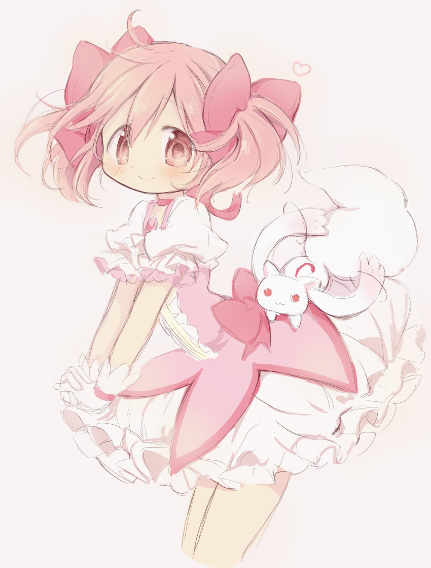 1girl absurdres blush bow bubble_skirt cowboy_shot hair_ribbon heart highres hitode kaname_madoka kyubey leaning_forward magical_girl mahou_shoujo_madoka_magica own_hands_together pink_background pink_eyes pink_hair red_ribbon ribbon short_hair short_twintails skirt smile solo soul_gem standing twintails