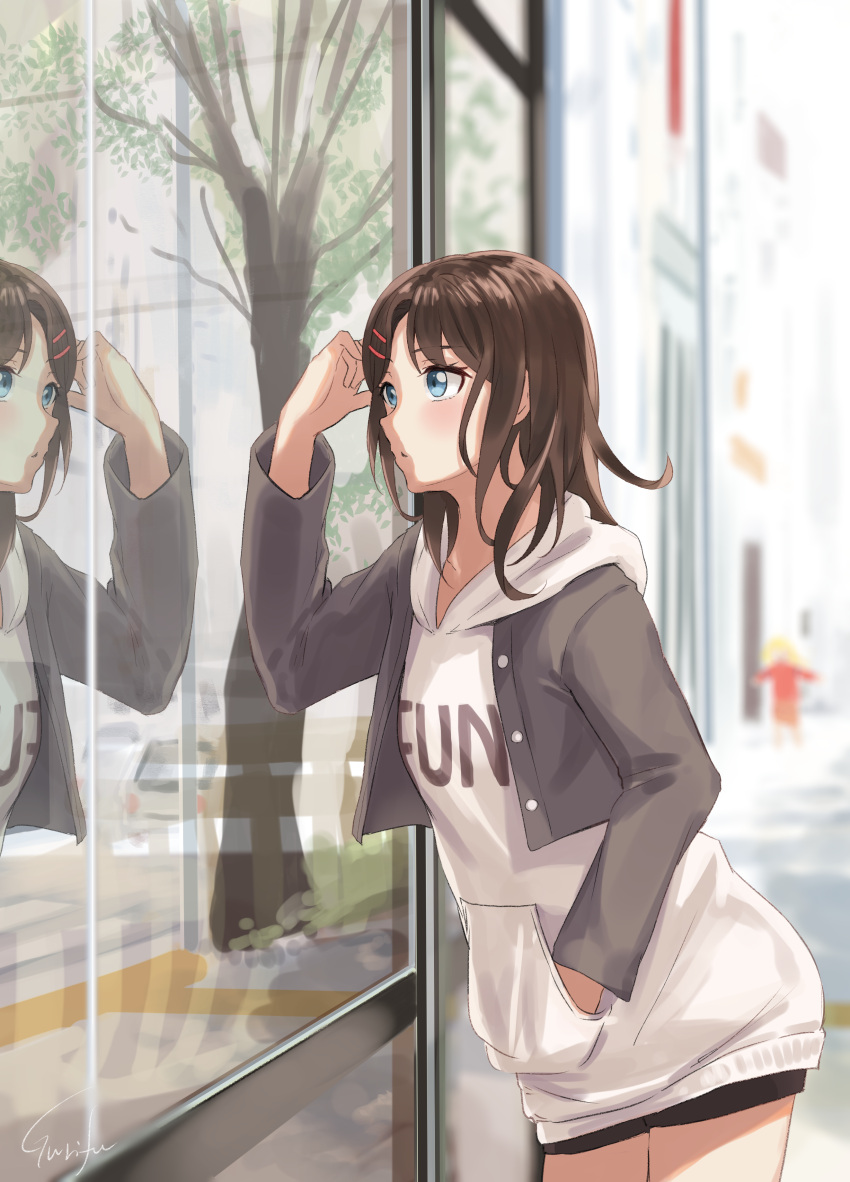 2girls :o absurdres arm_up bang_dream! black_shorts blonde_hair blue_eyes blurry blurry_background blush brown_hair commentary_request cropped_jacket day depth_of_field grey_jacket gurifu hair_ornament hairclip highres hood hood_down hoodie jacket long_hair multiple_girls okusawa_misaki open_clothes open_jacket outdoors parted_lips reflection short_shorts shorts solo_focus tsurumaki_kokoro white_hoodie window