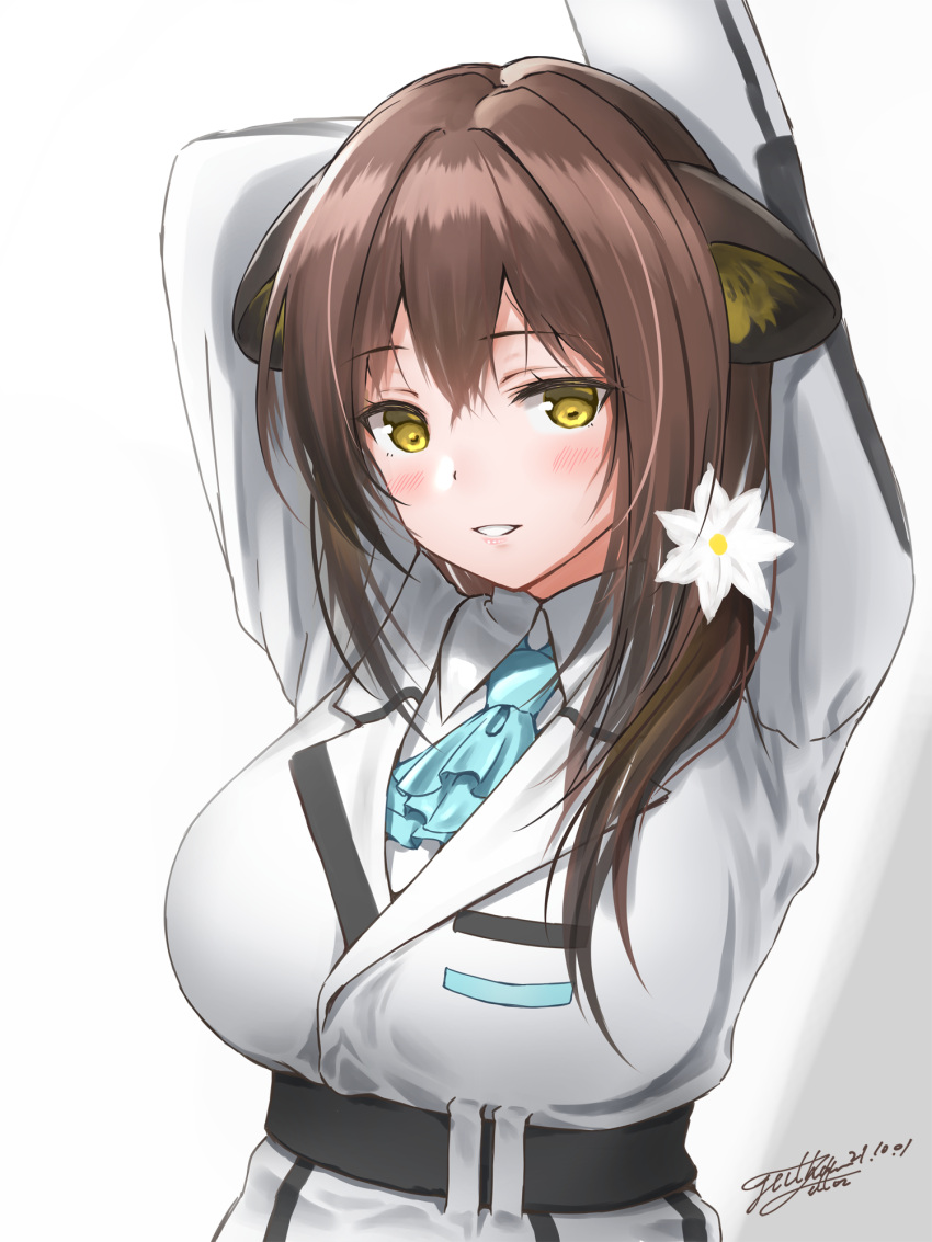 1girl animal_ear_fluff animal_ears arknights arms_up ascot blue_neckwear blush breasts brown_hair cat_ears coat collared_shirt dated highres liliya_(arknights) long_hair long_sleeves looking_at_viewer medium_breasts parted_lips shirt signature simple_background smile solo underbust upper_body white_background white_coat white_shirt yellow_eyes yukinoshiro
