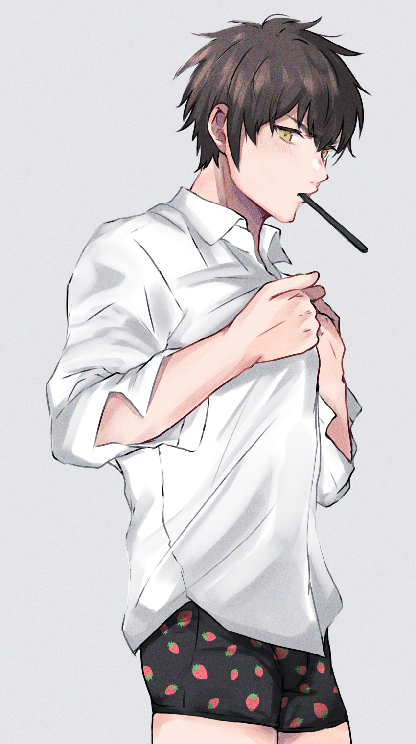 1boy absurdres ace_of_diamond aiaipoponta0605 bangs black_male_underwear blush boxers brown_eyes brown_hair highres looking_at_viewer male_focus male_underwear sawamura_eijun shirt short_hair solo toothbrush toothbrush_in_mouth underwear undressing white_background white_shirt