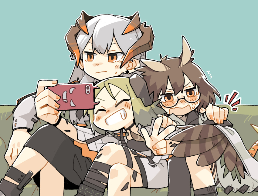 3girls arknights blush brown_eyes cellphone closed_eyes closed_mouth couch crossed_legs dragon_horns feather_hair grin hand_on_another's_shoulder highres holding holding_phone horns ifrit_(arknights) konno_akikaze long_hair multiple_girls on_couch open_mouth orange_eyes oripathy_lesion_(arknights) owl_ears owl_girl phone platinum_blonde_hair round_eyewear saria_(arknights) selfie short_hair silence_(arknights) silver_hair sitting smartphone smile taking_picture teeth