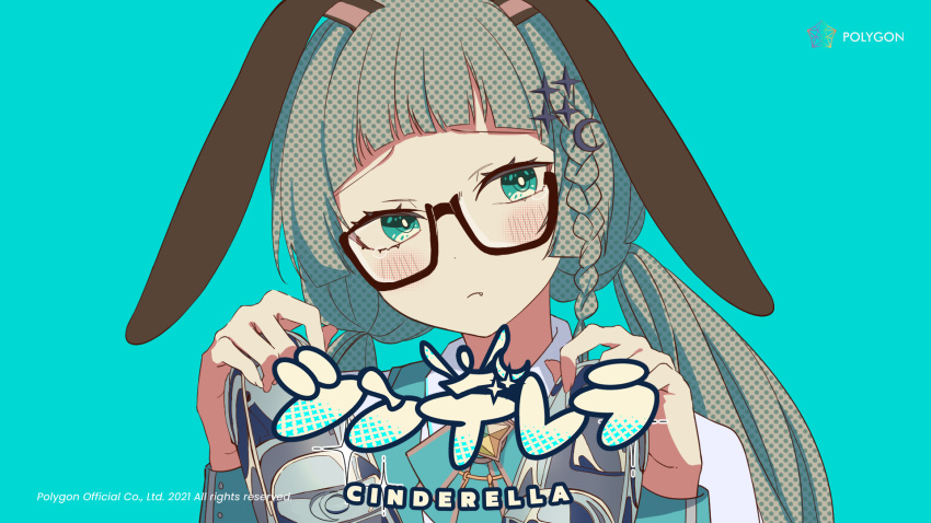 1girl animal_ears aqua_background aqua_eyes aqua_neckwear artist_request ascot bangs black-framed_eyewear blush braid brooch cinderella_(vocaloid) ear_down glasses green_hair highres holding holding_shoes jewelry long_sleeves looking_at_viewer lucene_(polygon_project) official_art polygon_project rabbit_ears shoes simple_background solo song_name star_brooch virtual_youtuber wing_collar