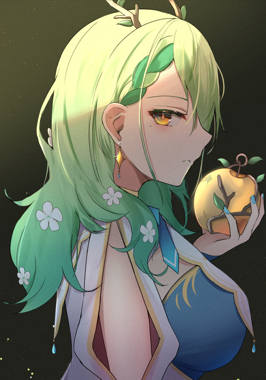 1girl antlers apple blue_dress breasts ceres_fauna cleavage_cutout clothing_cutout dress fake_antlers flower food fruit golden_apple green_flower green_hair green_nails hair_flower hair_ornament hair_over_one_eye highres hololive hololive_english nail_polish shuuzo3 virtual_youtuber