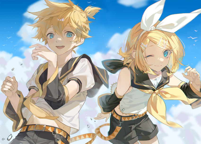 1boy 1girl arms_up bangs bare_shoulders belt belt_buckle black_sailor_collar black_shorts blonde_hair blue_eyes bow brother_and_sister buckle clouds detached_sleeves hair_between_eyes hair_bow hair_ornament hairband hairclip kagamine_len kagamine_rin lens_flare light_blush light_smile looking_at_viewer one_eye_closed open_mouth outdoors sailor_collar school_uniform serafuku short_hair short_ponytail short_sleeves shorts siblings sky swept_bangs vocaloid water_drop white_bird white_bow xiao_jiaju yellow_neckwear