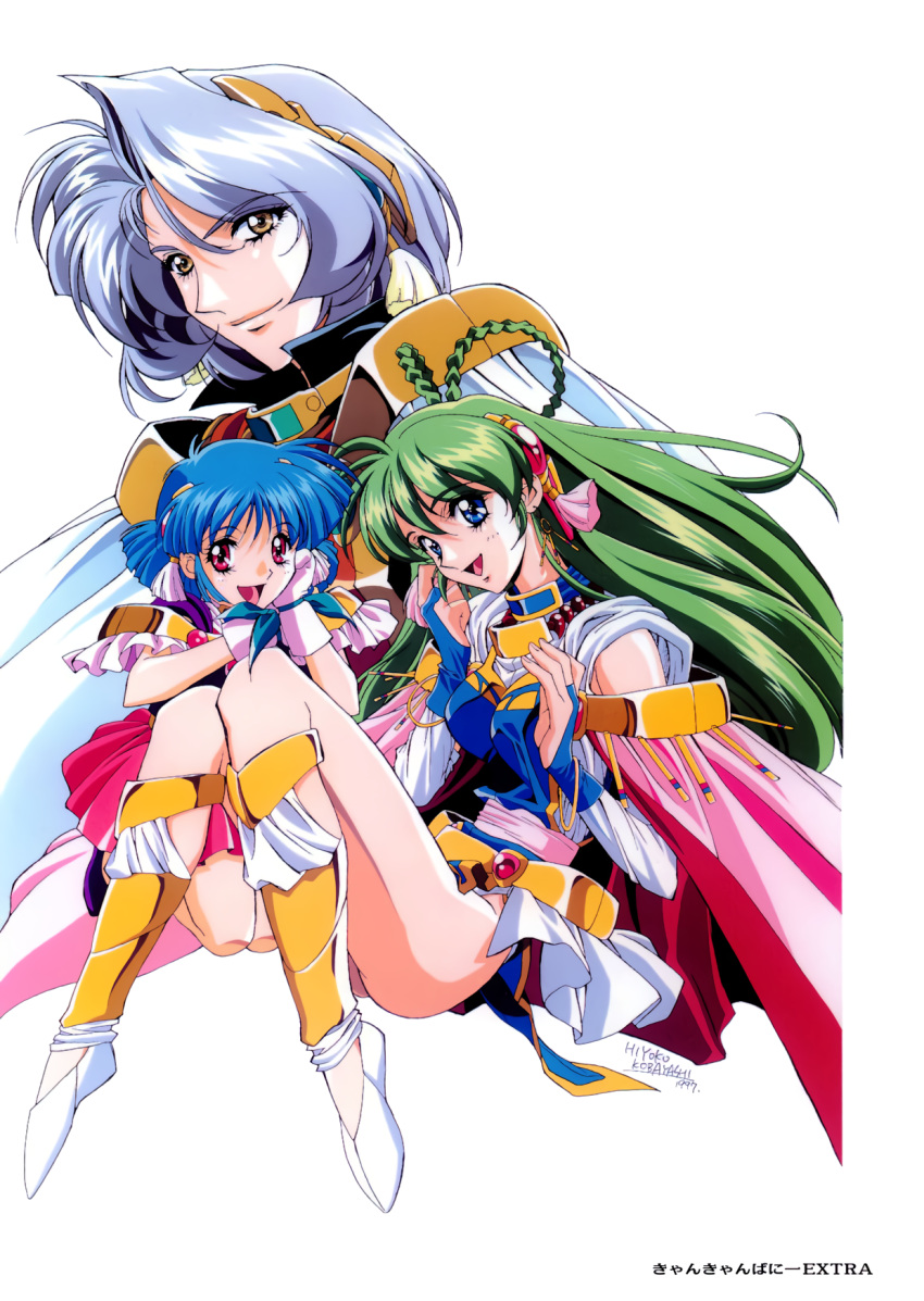 1990s_(style) 3girls artist_name bangs blue_eyes blue_hair braid bridal_veil can_can_bunny can_can_bunny_extra cape copyright_name gloves green_hair hair_ornament highres long_hair multiple_girls official_art open_mouth red_eyes retro_artstyle sawadee short_hair silver_hair simple_background smile swatty_(can_can_bunny) veil white_background yellow_eyes