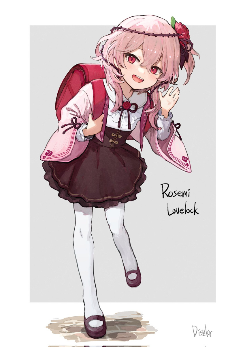 1girl bag black_footwear black_skirt character_name commission diszkr2 english_commentary flat_chest flower frilled_shirt frills hair_flower hair_ornament high-waist_skirt highres jacket nijisanji nijisanji_en pink_hair pink_jacket plant red_bag red_eyes red_flower red_rose rose rosemi_lovelock school_bag second-party_source shirt short_sidetail skeb_commission skirt smile solo thorns vines waving white_legwear white_shirt younger