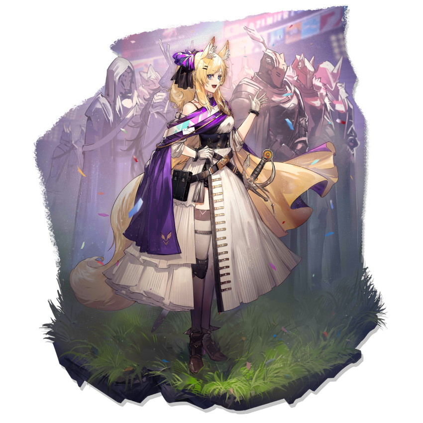 1girl :d animal_ear_fluff animal_ears arknights bangs black_footwear blonde_hair blue_eyes boots breasts dress gloves grass hair_ornament hairclip hand_on_hip hand_up high_heel_boots high_heels highres large_tail long_hair looking_at_viewer medium_breasts official_art open_mouth ryuuzaki_ichi smile standing tail transparent_background whislash_(arknights) whislash_(glory_purple)_(arknights) white_dress white_gloves
