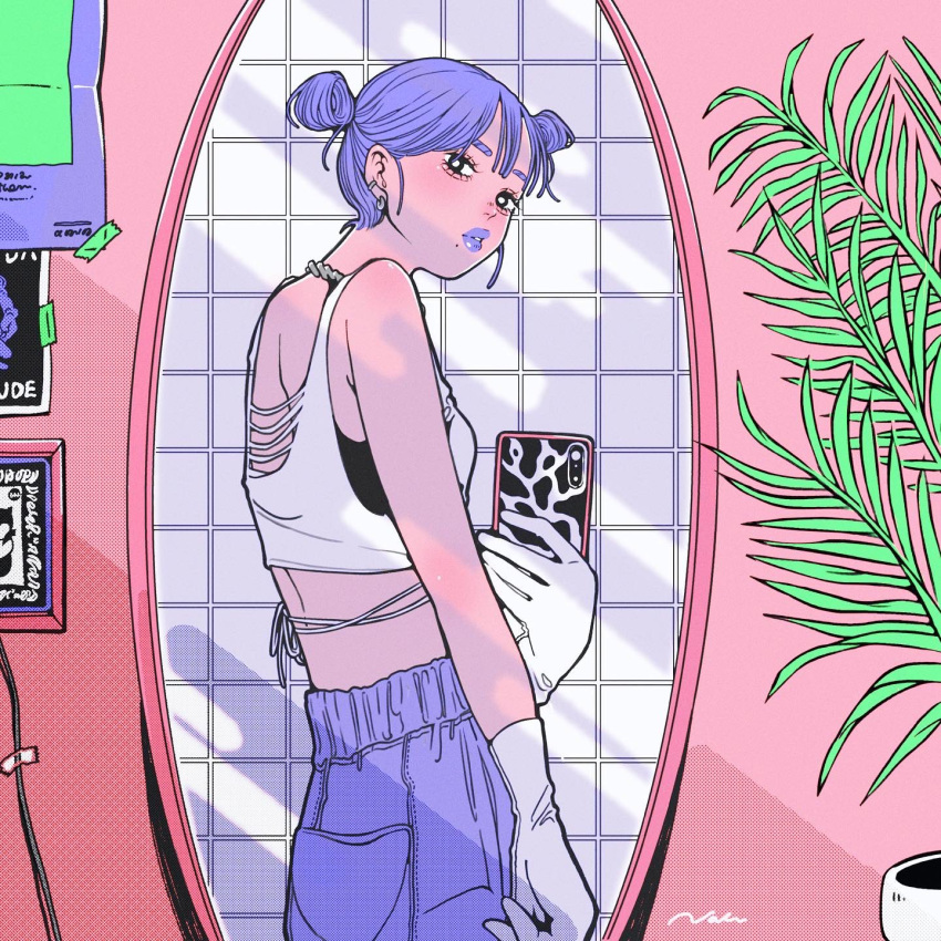 1girl blush double_bun from_side gloves highres leaf looking_at_viewer midriff mirror mole mole_under_mouth nah_(ill) original pants plant potted_plant purple_hair purple_lips purple_pants selfie solo tile_wall tiles white_gloves
