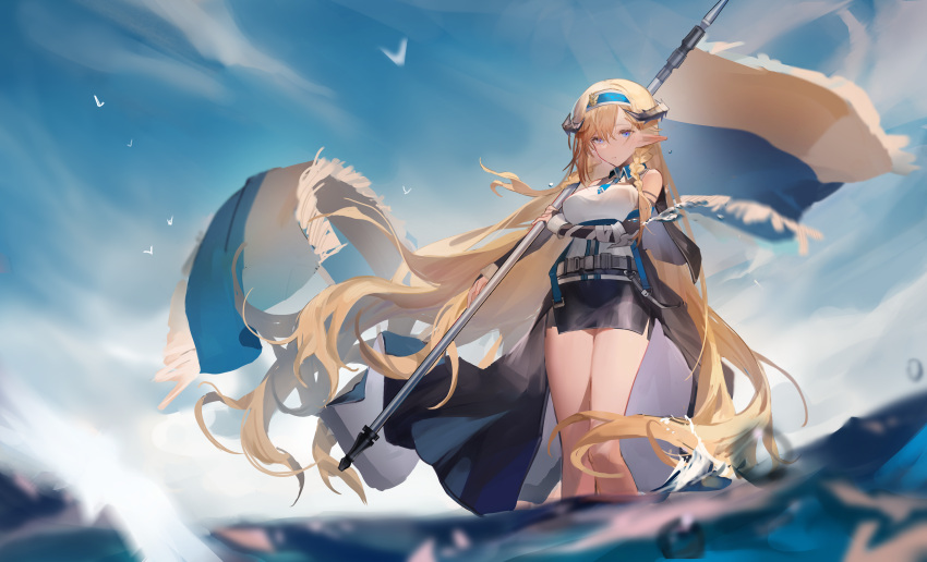 1girl absurdres arknights bare_shoulders belt black_gloves black_skirt blonde_hair blue_eyes blue_hairband blue_neckwear blue_sky blush braid breasts clouds day dragon_horns elbow_gloves elbow_pads fingerless_gloves flag gloves hairband highres holding holding_flag horns large_breasts long_hair looking_at_viewer miniskirt necktie outdoors parted_lips pointy_ears saileach_(arknights) shirt side_slit skirt sky sleeveless sleeveless_shirt smile solo standing straight_hair twin_braids very_long_hair wading waist_cape water white_shirt you_zhaqi